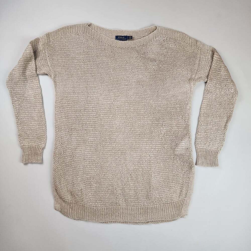 Polo Ralph Lauren Wmns Beige Linen Open Knit Boatneck Long Sleeve Sweater Large